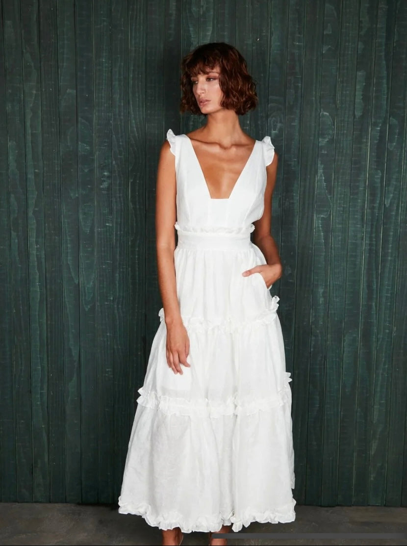 Mackenzie Mode - Linen Ruffles Dress - White