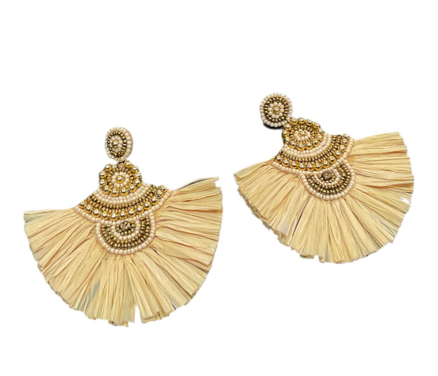Adorne - Raffia Fringe Statement Earrings - Nude