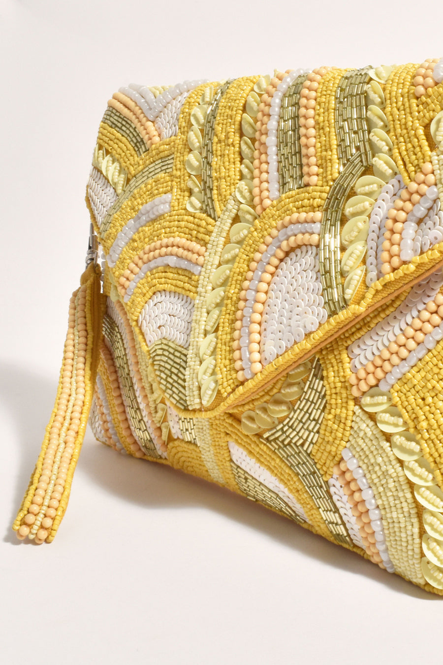 Adorne - Bead Sequin Mix Pattern Fold Over Clutch - Yellow Multi