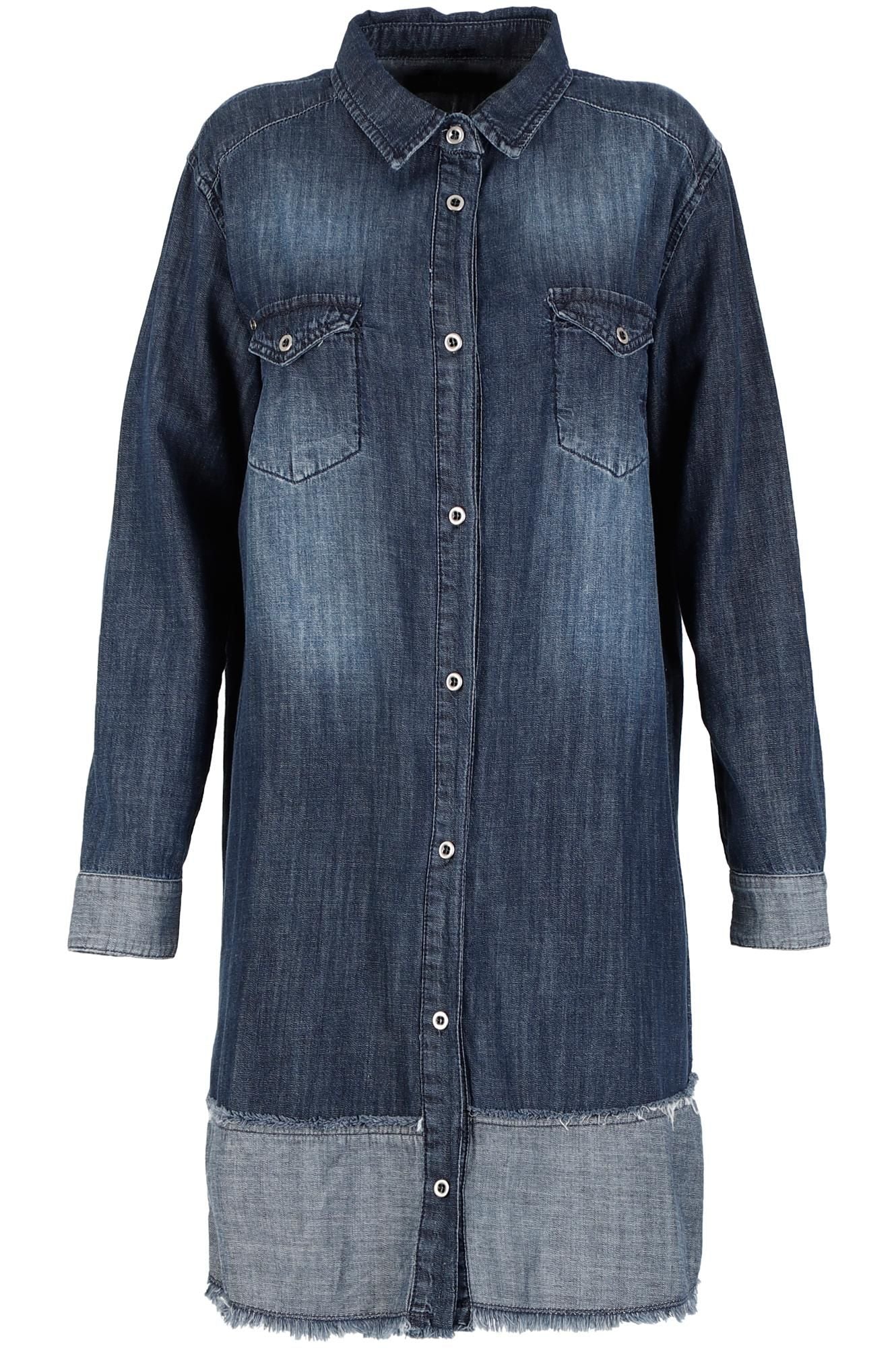Cafe Noir Denim - Contrast Ruffle Shirt Denim Dress - Dark Denim