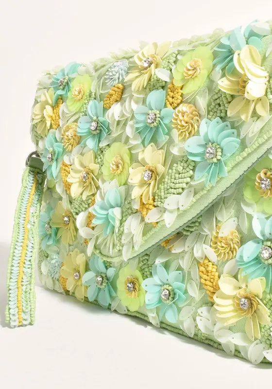 Adorne - Sequin Floral Fold Over Clutch - Mint Multi