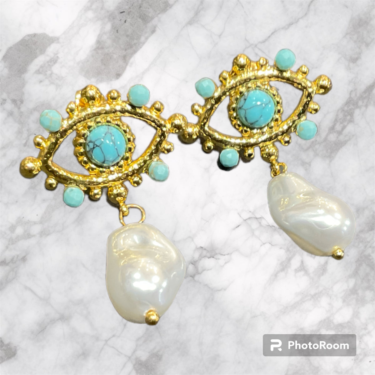 Adorne Gold, Turquoise & Pearl Style Eye Earrings