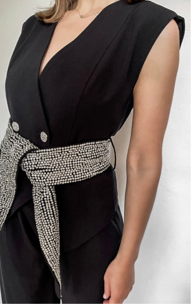 Secretly Posh Clothing - Rhinestone Embellished Double Breasted Sleeveless Tailored V Jacket - Black