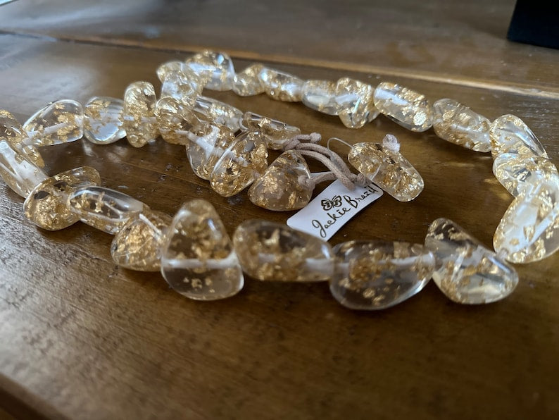 Jackie Brazil Clear Sugar Resin Gold Leaf Flintstone Bone Diamonds Necklace 
