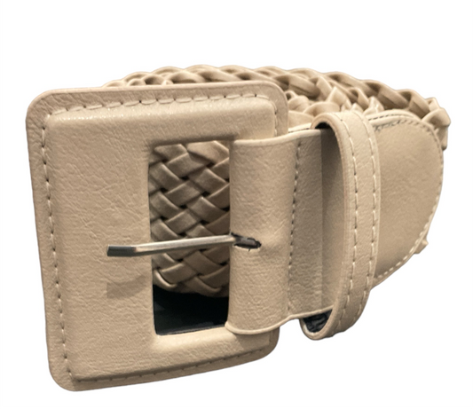 Adorne - Square Buckle Woven Belt - Stone 