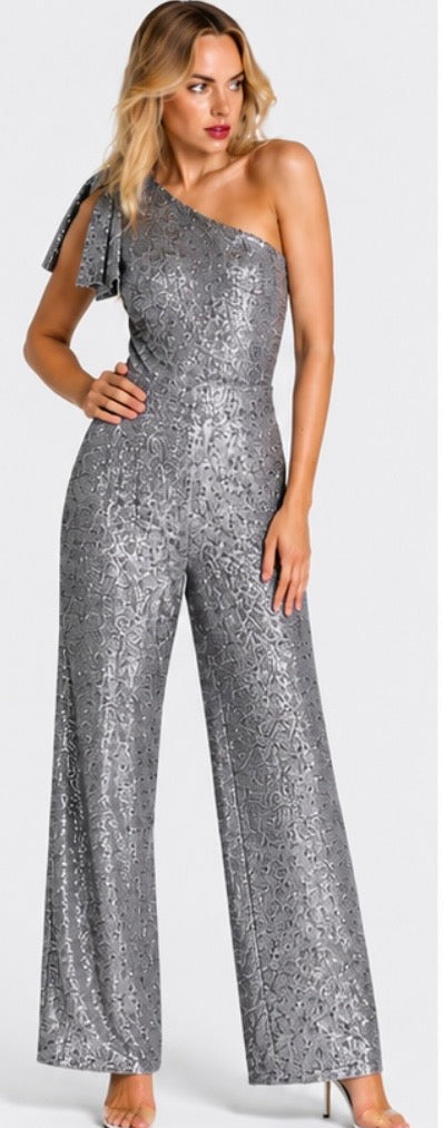 Romance The Label Ariana Jumpsuit Silver RR234005 one shoulder wide leg formal jumpsuit