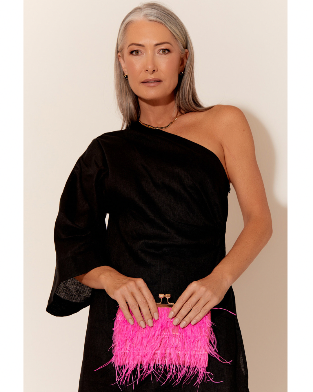 Adorne Feather Front Clutch - Hot Pink 