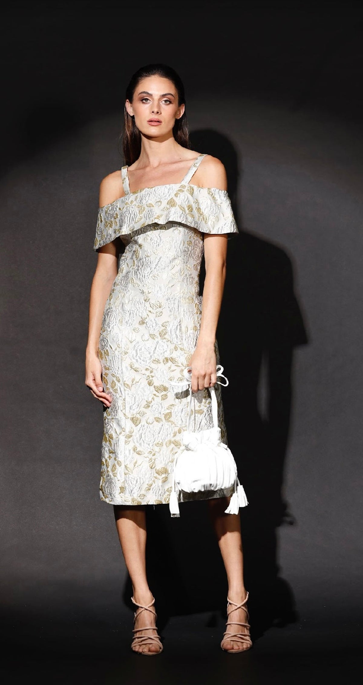     Romance The Label Rose RD221006 cream floral brocade off-the-shoulder midi dress front view