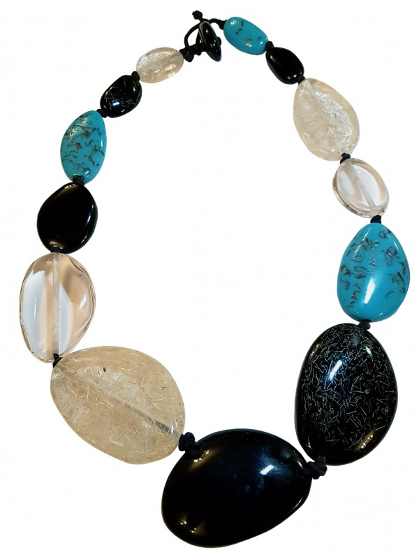 Jackie Brazil -Long Flat Riverstones Necklace - Color: Mix 4: Black Gloss, Straw , Turquoise , Crystal , Black Straw