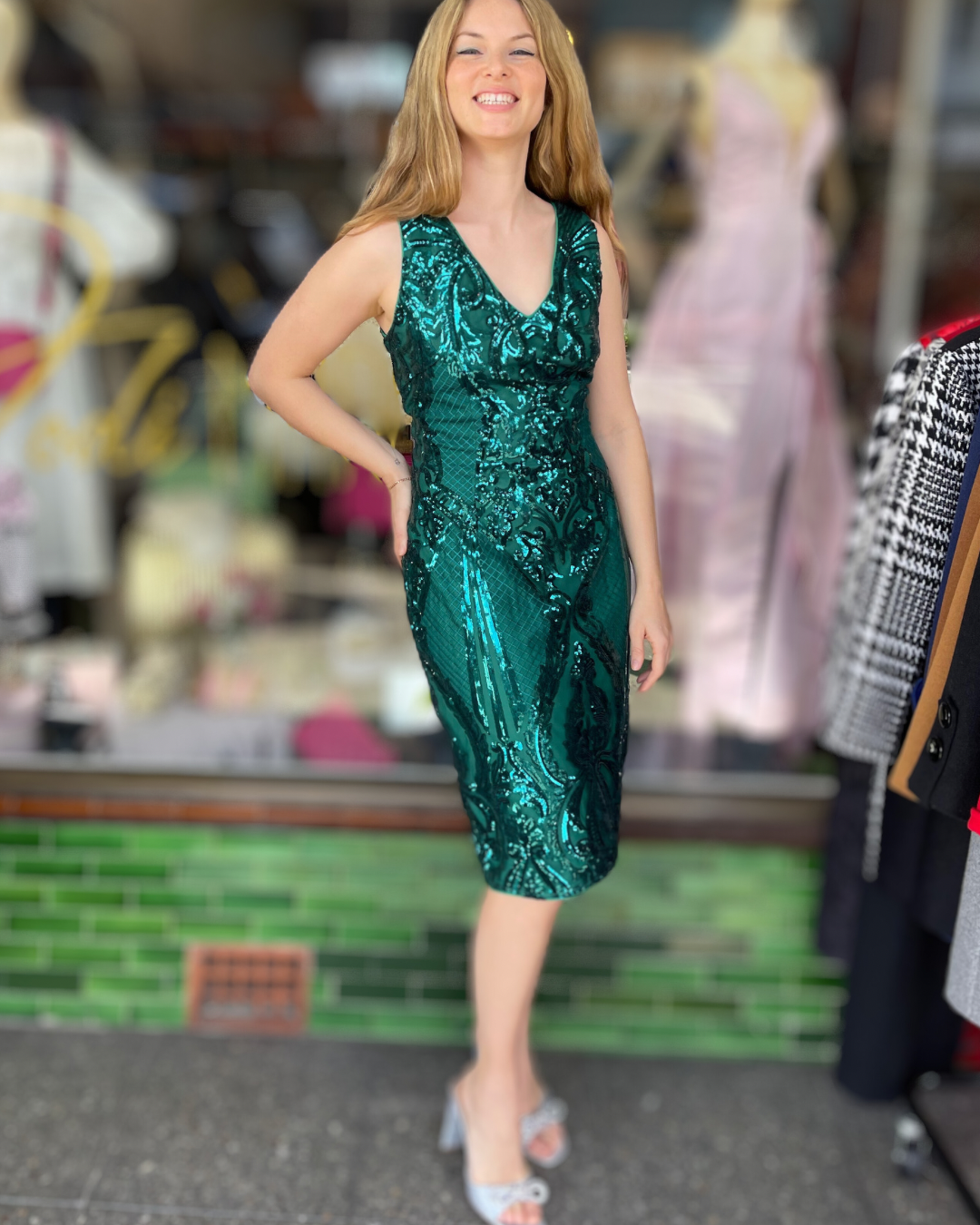 Romance The Label - Fantasy V Dress - Sequin Emerald Green