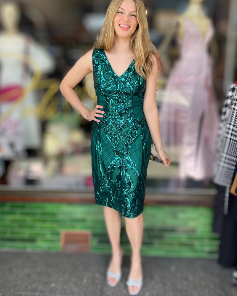Romance The Label - Fantasy V Dress - Sequin Emerald Green