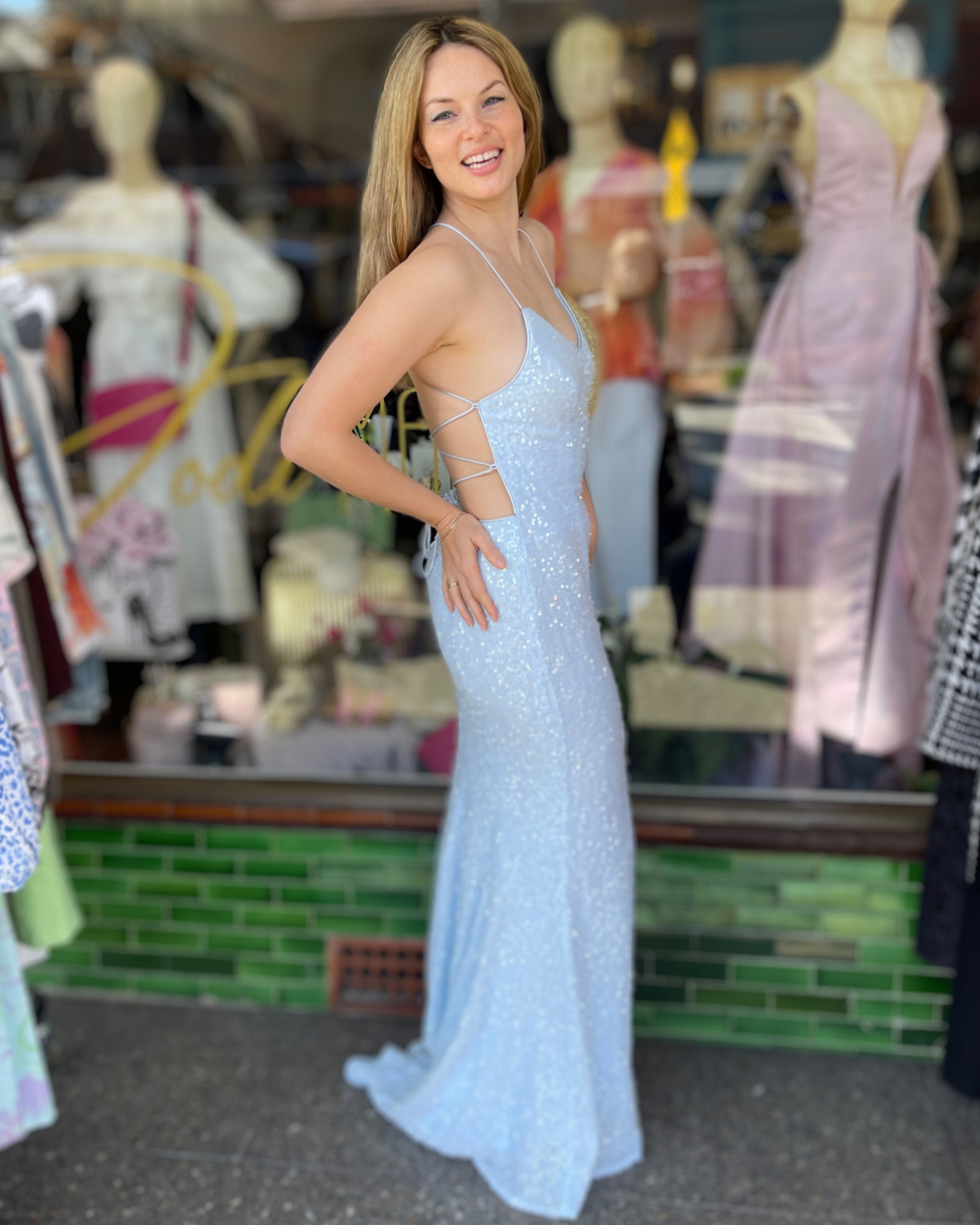 Miss Anne - Sequin Tie Back Gown - Ice Blue - 221321 – Jodi Maree Fashion