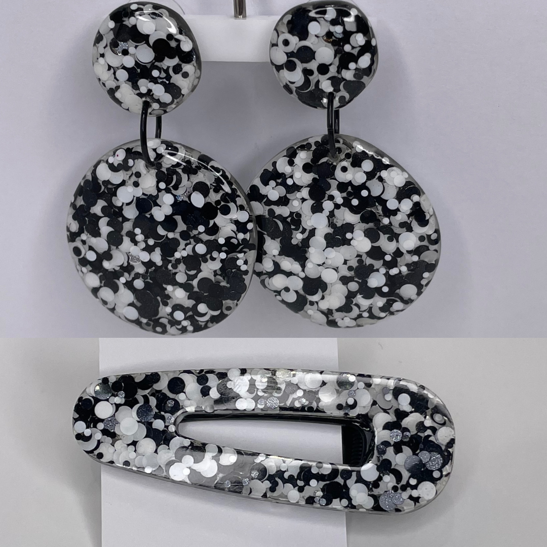 Adorne Confetti Resin Pop Drop Earrings Hair Clip Set - Black And White - ACRE3