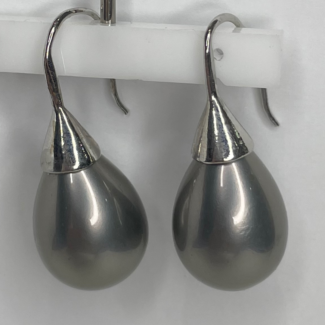Aubergine Large Pearl and Silver Teardrop Earrings 