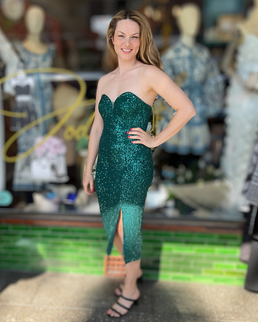 Miss Anne - Sequin Cocktail Dress  - Emerald Green - 219568