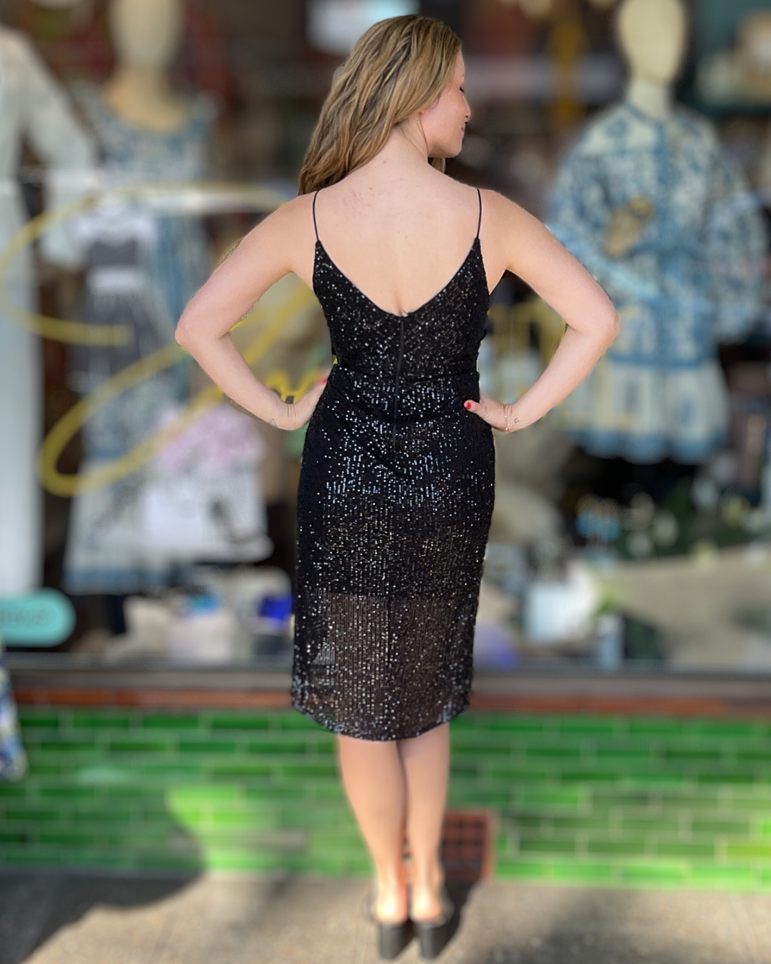 Miss Anne - Strappy Midi Sequin Dress - Black - 222391