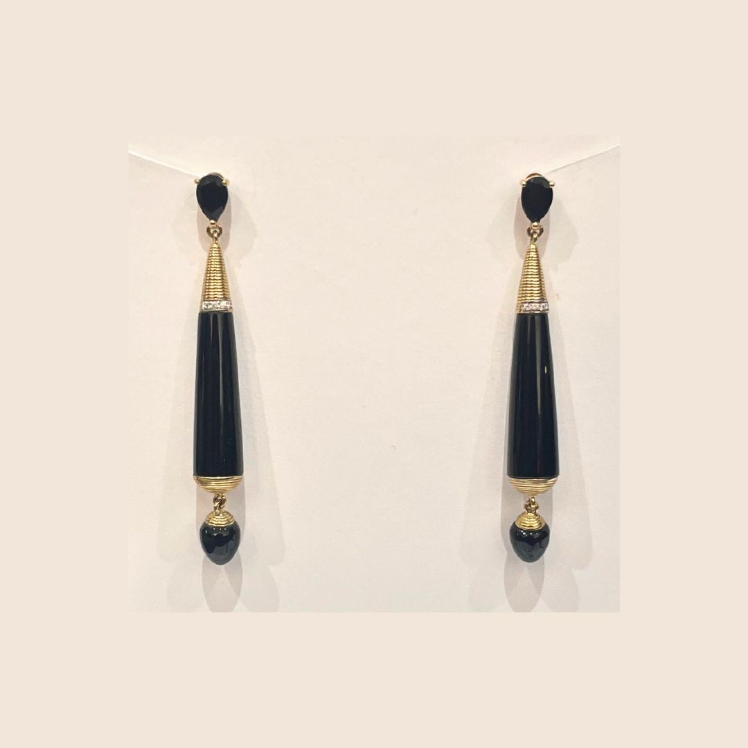 Jodi Maree Jewellery - Black Onyx,  Diamond And 9 Carat Gold Long Art Deco Style Earrings