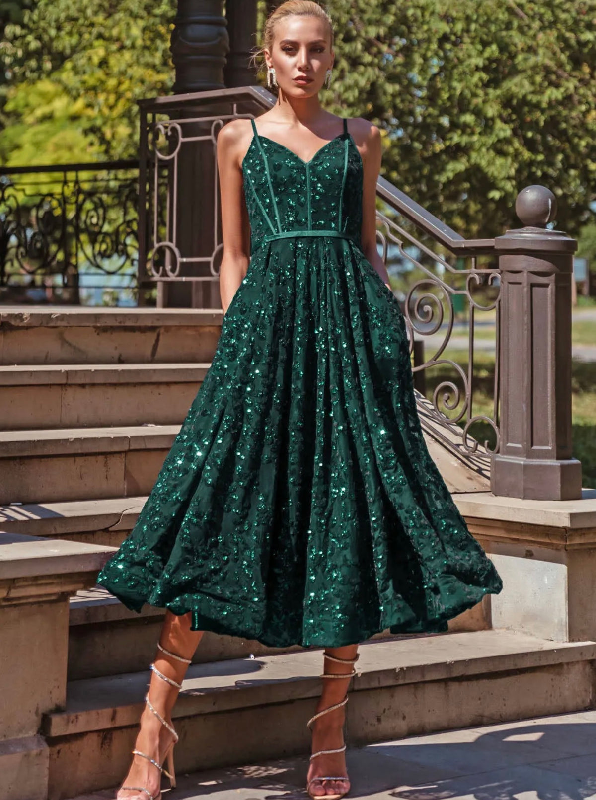 Tina Holly Midi Gown TK068  Emerald Green Sequin