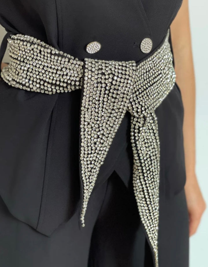 Secretly Posh -Rhinestone Embellished Double Breasted Sleeveless Tailored V Jacket - Black