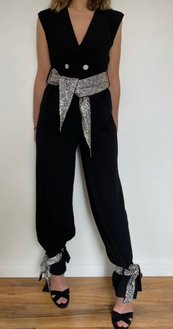 Secretly Posh Clothing  - Rhinestone Embellished Double Breasted Sleeveless Tailored V Jacket - Black
