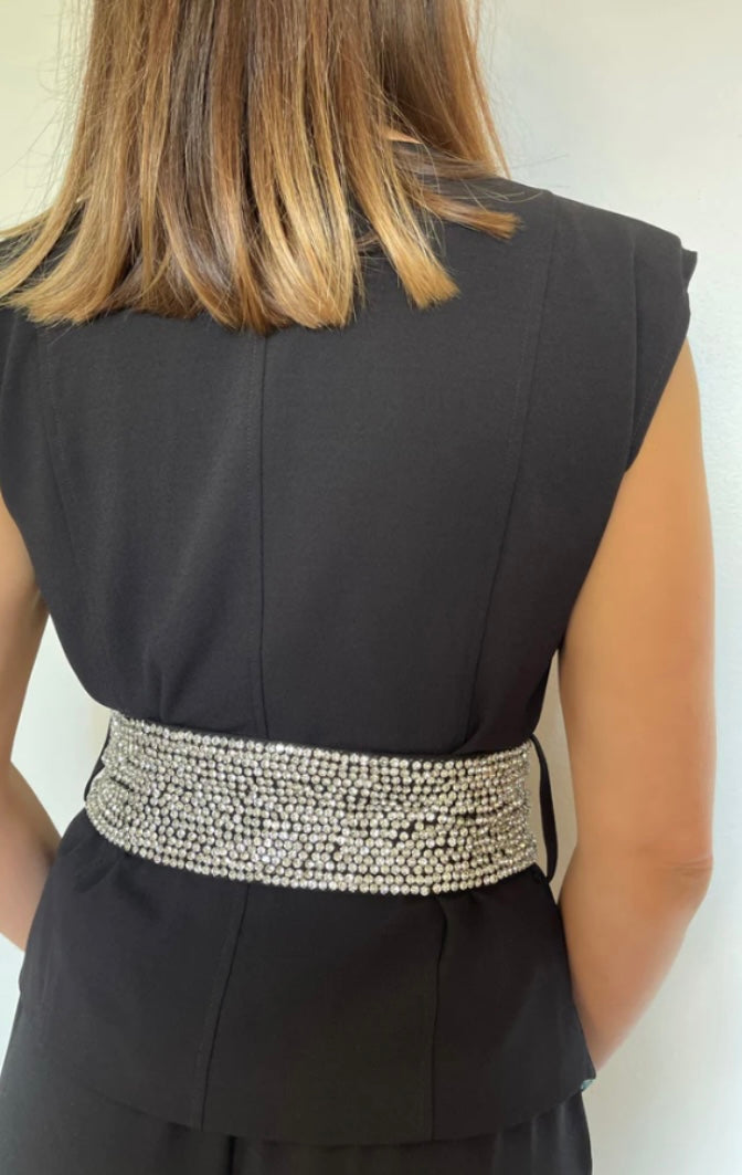 Secretly Posh Clothing - Rhinestone Embellished Double Breasted Sleeveless Tailored V Jacket - Black