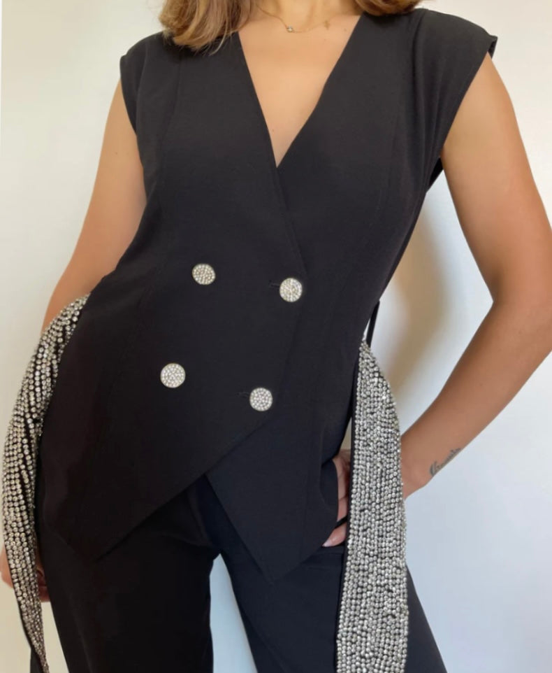 Secretly Posh Clothing - Rhinestone Embellished Double Breasted Sleeveless Tailored V Jacket - Black