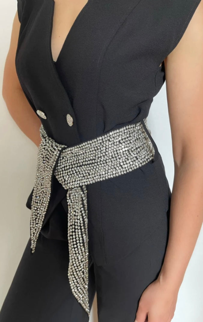 Secretly Posh Clothing - Rhinestone Embellished Double Breasted Sleeveless Tailored V Jacket - Black