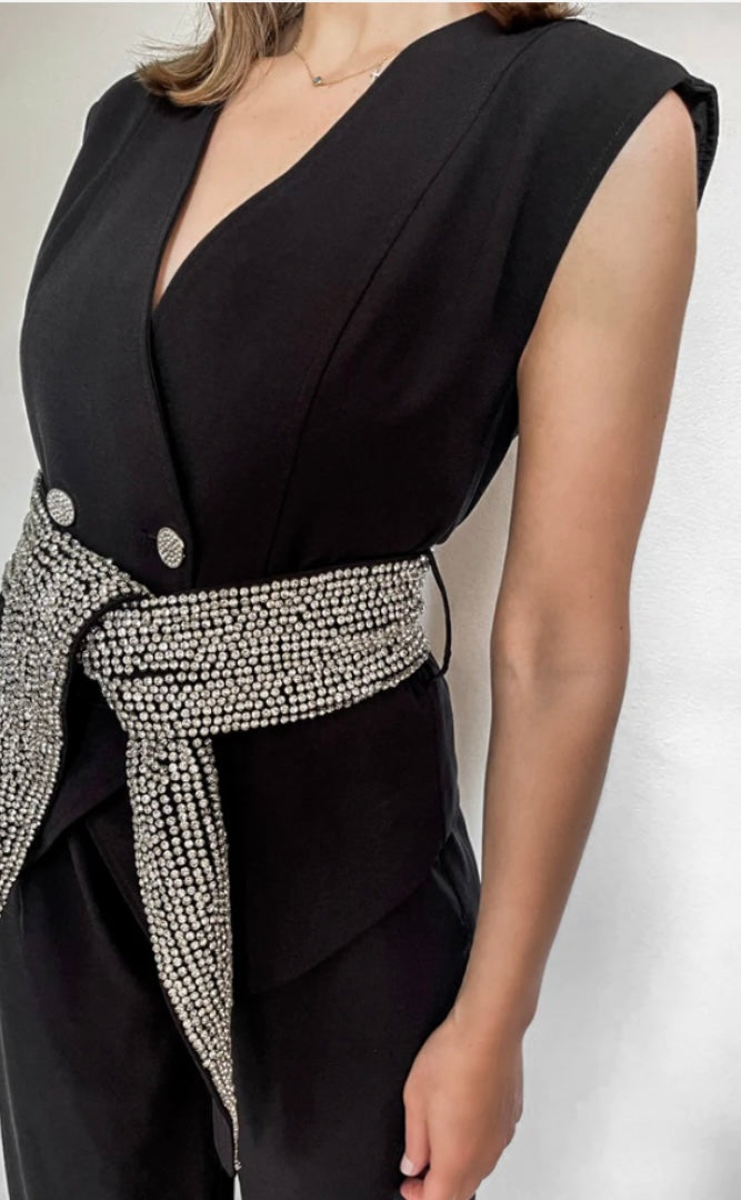 Secretly Posh -Rhinestone Embellished Double Breasted Sleeveless Tailored V Jacket - Black